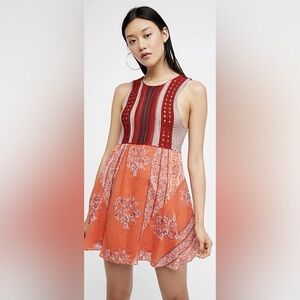 Free People Katie's Crochet Printed Mini Boho Mini Dress